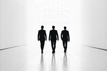 Fototapeta premium Three people in suits, walking towards the camera, with a blurred background, in a light gray tone and soft tones Generative AI