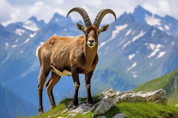 Fototapeta premium Ibex in Gran Paradiso National Park, Italy. Hiking Upsurge Amid Scenic Green. An Italian Mammal Trek You'll Never Forget