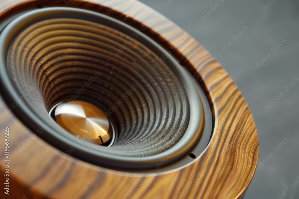 Poster powerful audio speaker is vibrating on a wooden enclosure, creating a mesmerizing visual effect