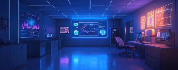 Obraz premium Futuristic laboratory with neon lights and advanced medical technology