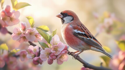 Fototapeta premium Vibrant sparrow perched on blossoming branch amid springtime bloom