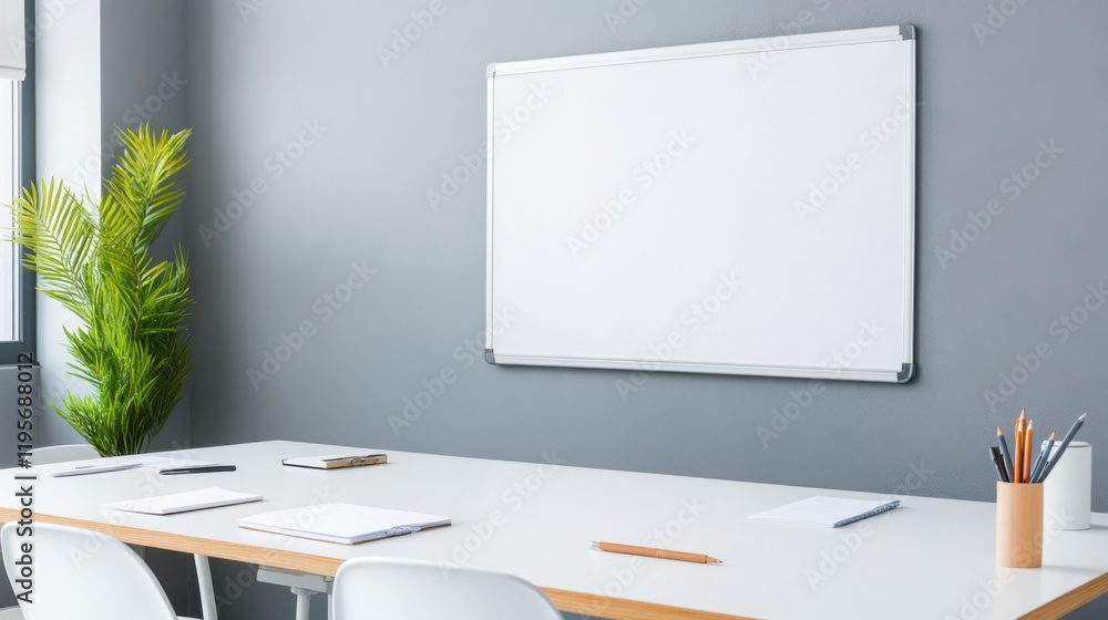 Poster modern office space with whiteboard and minimalist desk setup for collaborative team meetings and br