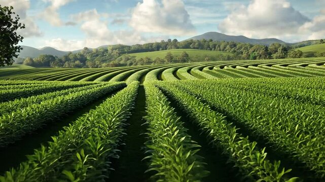 Lush green tea plantation on a sunny day with a single tree and rolling hills in the background.