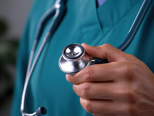 Close-up of doctor preparing to listen to a patient's heartbeat with stethoscope
