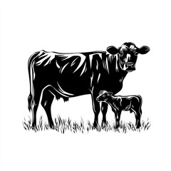 Fototapeta premium Cow, calf, pasture, monochrome, livestock, farm, rural, nature, illustration, agriculture