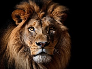 Fototapeta premium Magnificent Male Lion: Isolated on Black Background with Powerful Portrait of the Majestic Endangered Predator