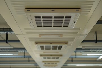 Ventilation grilles are mounted on the ceiling of an industrial building, providing fresh air and temperature control