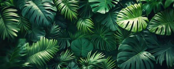 Lush tropical foliage with vibrant green leaves in dense arrangement