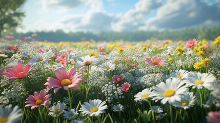 Obraz premium Vibrant wildflower meadow under a clear blue sky