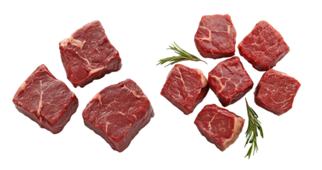 Raw beef steak cubes with marbling and sprigs of rosemary on transparent background, ideal for cooking, meat recipes, or food packaging design themes