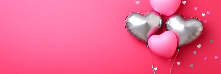 Pink and silver heart shaped balloons floating on a vibrant pink background create a romantic atmosphere, perfect for valentine's day, anniversaries, or other love filled celebrations