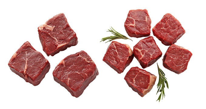 Raw beef steak cubes with marbling and sprigs of rosemary on transparent background, ideal for cooking, meat recipes, or food packaging design themes