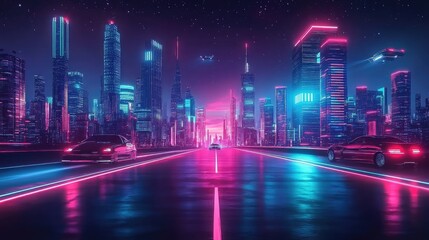 Neon Cityscape: Retro Futuristic Highway Drive