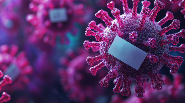 Virus cells with spike proteins and tags in a digital microscopic view of infection process