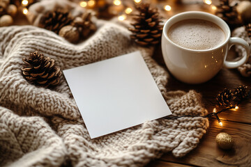 White blank A5 card on beige knitted fabric with pinecones, cup of hot cocoa, warm string lights, and wooden background, perfect for Christmas or cozy winter mockup designs