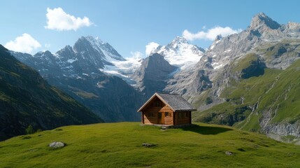 Wooden chalet offers outdoor dining in a lush alpine meadow with stunning mountain views and bright blue skies overhead.