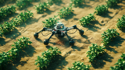 An autonomous farming robot planting seeds in a greenhouse