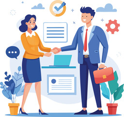 People shaking hands at work - Two businesspeople, man and woman doing handshake in office at work while smiling over business agreement and deal. Flat design stock illustration on white background