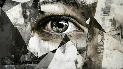 abstract collage of a human face composed of fragmented geometric shapes and monochrome textures. The focus is on a detailed eye and nose, blending realism with modern artistic deconstruction