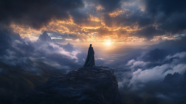 A fantasy woman standing on a rocky outcrop, a cinematic sky filled with ominous clouds and bursts of light, dramatic lighting, epic sci-fi/fantasy landscape for book cover, and movie poster - Powered by Adobe