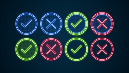 True or false icons set, bright neon visuals.