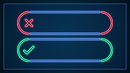 True or false text box, empty frames layout, bright neon visuals.