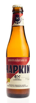 GRONINGEN, NETHERLANDS - DECEMBER 28, 2024: Bottle of Belgian Hapkin BIPA beer isolated on white background