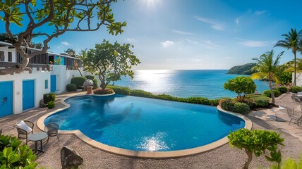 Fototapeta premium Early in the morning on a bright summer day, a panoramic view from an opulent, exotic hotel resort provides a stunning view of the glistening azure sea, verdant tropical gardens, and sophisticated inf