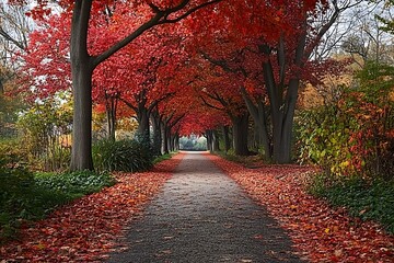 Fototapeta premium Enchanting Autumn Pathway with Vibrant Red Foliage and Majestic Trees Lining a Serene, Leaf-Covered Walkway. The road during autumn season