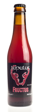 GRONINGEN, NETHERLANDS - DECEMBER 28, 2024: Bottle of Belgian Lupulus Fructus beer isolated on white background