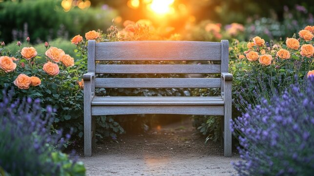 Sunset garden bench surrounded by roses and lavender.