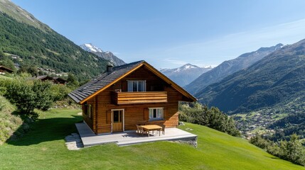 Fototapeta premium Wooden chalet offers outdoor dining in a lush alpine meadow with stunning mountain views and bright blue skies overhead.
