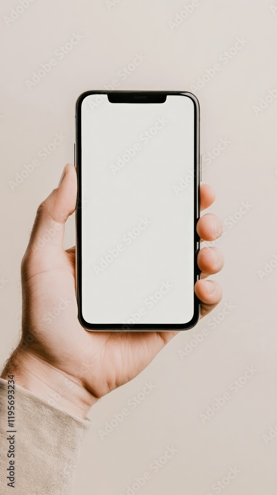 Aufkleber close up view of a hand holding a smartphone featuring a blank white screen against a neutral backgr