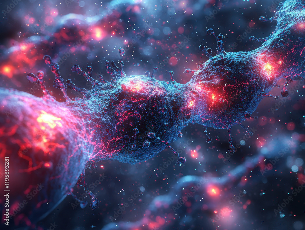 Poster microscopic view of a glowing bacterial cell with intricate structures and vibrant colors