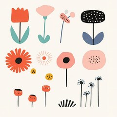A colorful, whimsical arrangement of various flowers and plants depicted in a playful, modern illustration style.