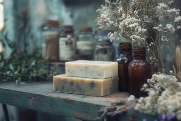 Natural soap bars with dried flowers and essential oils creating a relaxing atmosphere