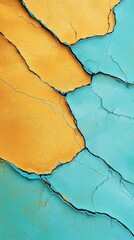 A vibrant abstract pattern features cracked textures in yellow and turquoise, creating a striking visual contrast.