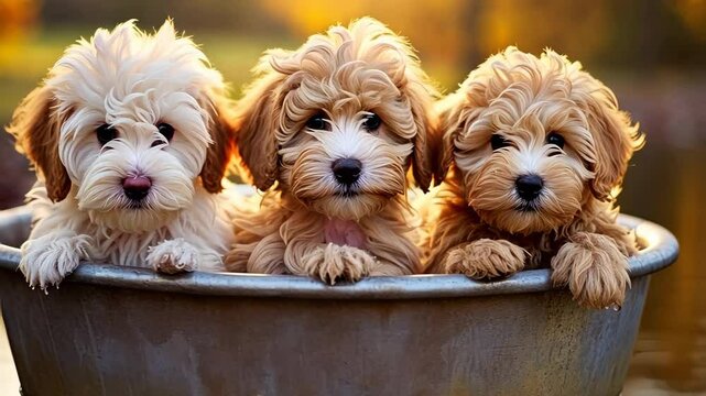 Three adorable puppies lagotto romagnolo relaxing in a metal tub outdoors