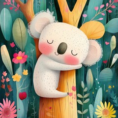 A cute cartoon koala nestled in the branches of a towering eucalyptus tree. Peaceful forest, playful character.