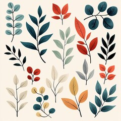 Fototapeta premium A collection of stylized leaves and branches in various colors, showcasing artistic botanical designs on a light background.
