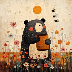 A cartoon bear in a sunny flower meadow, clutching a honey barrel with bees flying nearby. Cheerful day, nature's beauty.