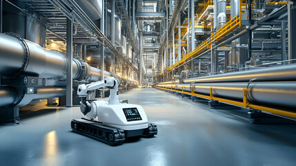 Fototapeta premium An autonomous robot inspecting pipelines in a large industrial facility