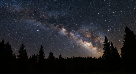 Fototapeta premium Majestic Milky Way Galaxy Over Silhouetted Pine Forest at Night