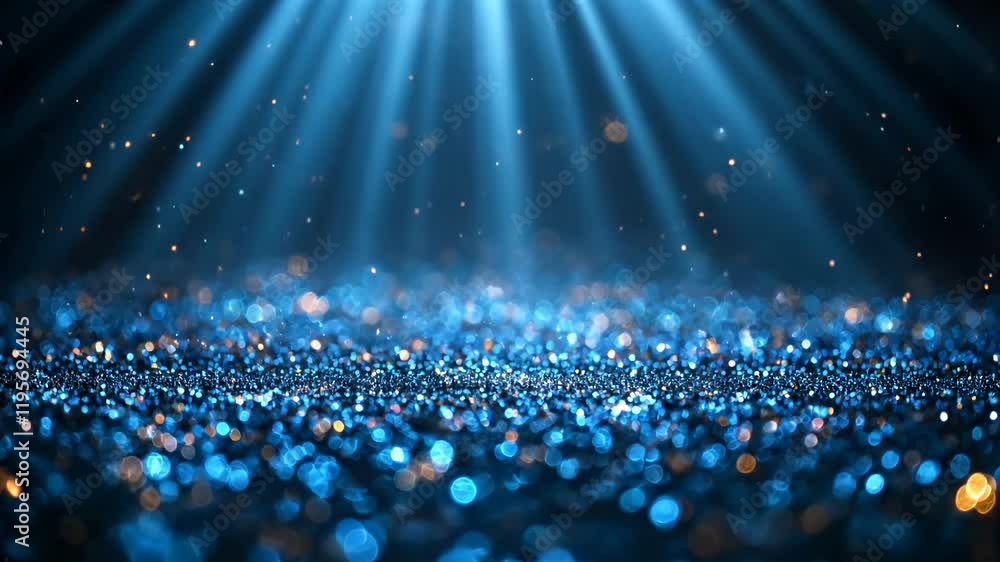 Poster glimmering blue light rays illuminate sparkling particles in a dark setting creating an enchanting a