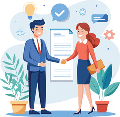 People shaking hands at work - Two businesspeople, man and woman doing handshake in office at work while smiling over business agreement and deal. Flat design stock illustration on white background