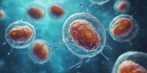 A high-quality 3D rendering of stem cells with glowing light effects, perfect for scientific and educational visuals in cellular biology.