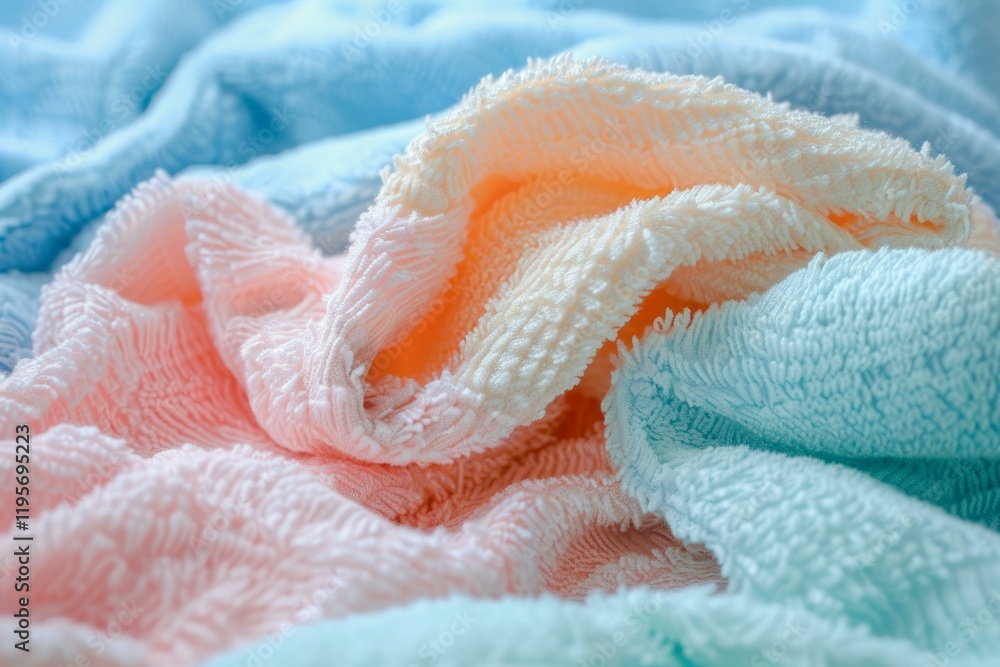 Aufkleber close up of soft and fluffy pastel colored towels creating a relaxing background