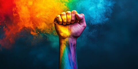 A powerful raised fist painted in rainbow colors symbolizing LGBTQIA+ pride, freedom, and human rights advocacy.
