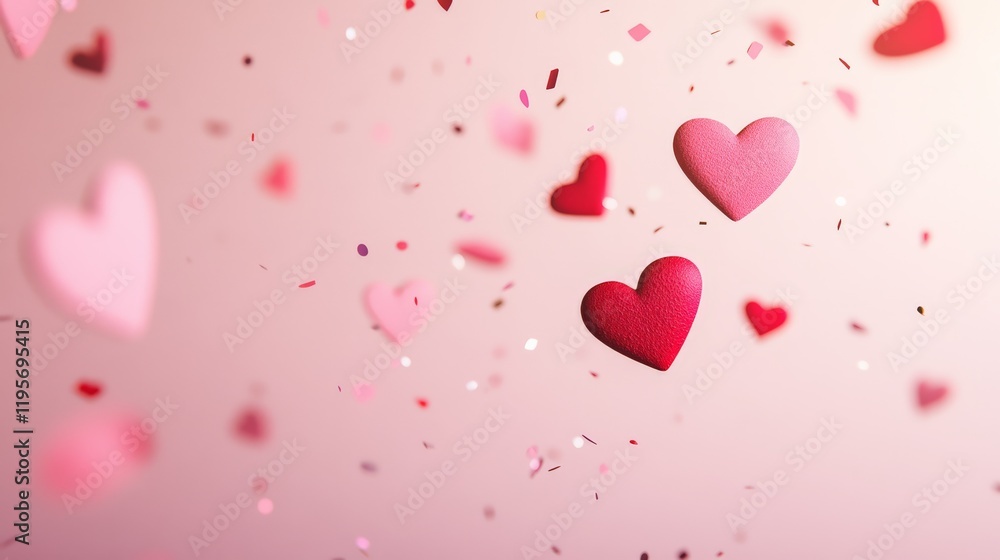 Poster Small pink and red hearts and confetti are floating on a gradient pink background, creating a romantic atmosphere perfect for valentine's day, anniversaries, or mother's day celebrations