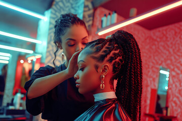 A hairstylist working on a client's afro braids in a brightly lit modern salon, tools and hair products visible.